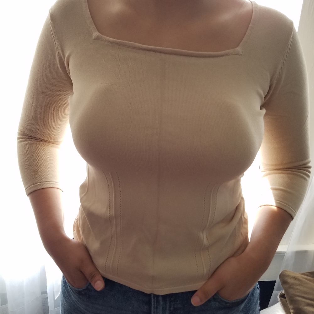 Joseph A. Tan/cream square neckline shirt